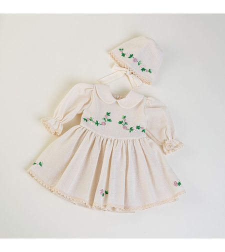 Baby Girl Dress and Cream Bonnet with Hand Embroidery – ZITA Model