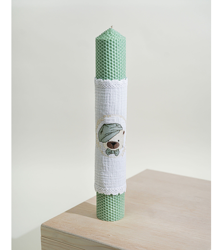 Lumânare botez din ceară naturală „Teddy Dreams” – cu ursuleț brodat Mint