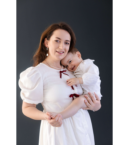 Rochie din in cu fundițe, pentru mămici, model CLARA