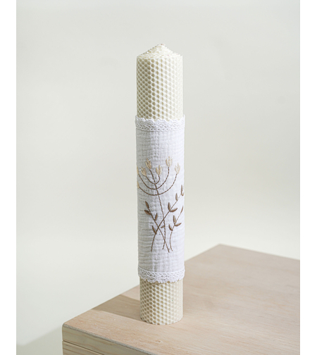 Lumânare botez din ceară naturală, cu broderie „Flori de câmp”