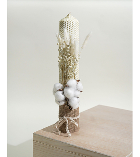 Lumânare botez „Din Natură” din ceară naturală fagure, cu flori uscate și bumbac