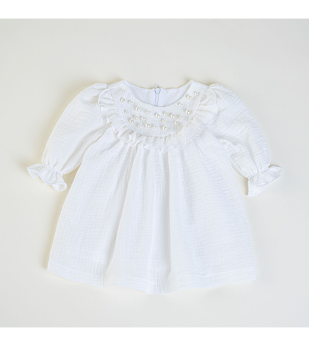 Rochiță de botez alba din muselină cu perle - model IVORY PEARLS