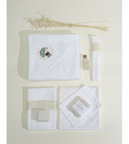 Trusou pentru botez, din muselină alba, cu broderie „Teddy Dreams” mint