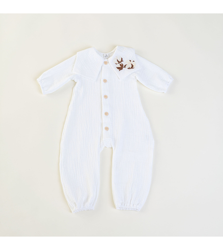 Salopetă unisex bebe, din muselină albă cu broderie flori de bumbac - model COTTON BLOOM