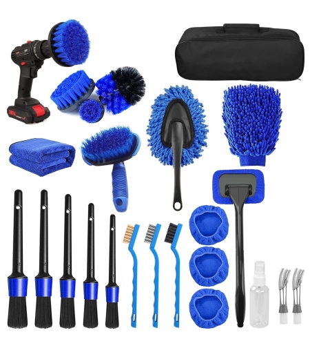 Set 25 Accesorii pentru Curatare Auto, Flippy, din PP si Microfibra, Interior/Exterior, 30 x 24 x 12 cm, Albastru/Negru