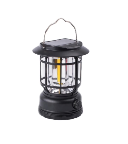 Lampa portabila camping, Felinar Vintage, ABS, Iluminare 30 COB LED, Intensitate reglabila, Acumulator inclus, Incarcare Solara si USB, 5W, Flippy, Negru