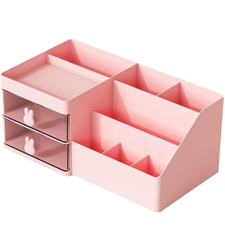 Cutie de Depozitare pentru Birou, Flippy, Pentru Makeup, Papetarie, Organizator Cosmetice, 2 Sertare si Compartimente Multiple, Model Iepuras, Plastic, 27.5x15.5x12 cm, Roz