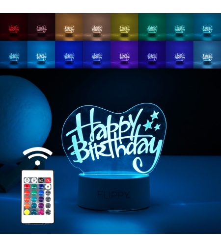 Lampa LED decorativa, Flippy, 3D, Happy Birthday, cu USB si baterii, 20 cm inaltime, din material acril, lumina multicolora si telecomanda inclusa, alb