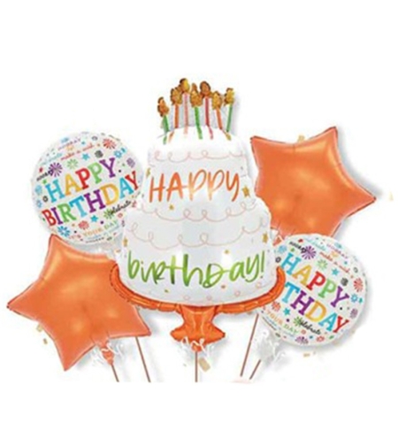 Baloane pentru aniversare, Flippy, tematica Happy Birthday, set 5 baloane, 1 TORT 70 x 101 cm, 2 Stele, 2 Rotunde, din folie de aluminiu, pai de carton inclus, Portocaliu