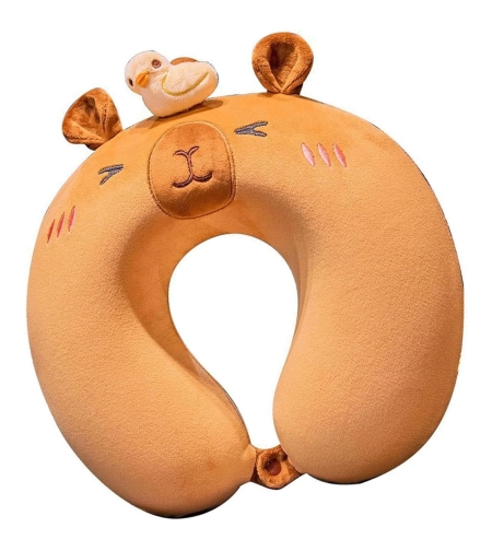 Perna de Calatorie in Forma de U, Flippy, Pentru Gat si Cap, Umplutura din Spuma cu Memorie, 30x30 cm, Model Capybara, Accesoriu de Voiaj, Birou, Masina, Sistem Prindere Capse, Maro