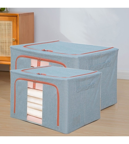 Cutie de Depozitare Pliabila, Flippy, 66 L, din Bumbac si In, 50x40x33 cm, Fereastra Frontala Transparenta, 2 Usi de Acces cu Fermoar Bidirectional, Cadru Metalic, Suport Baza Stabil din Plastic, Bleu