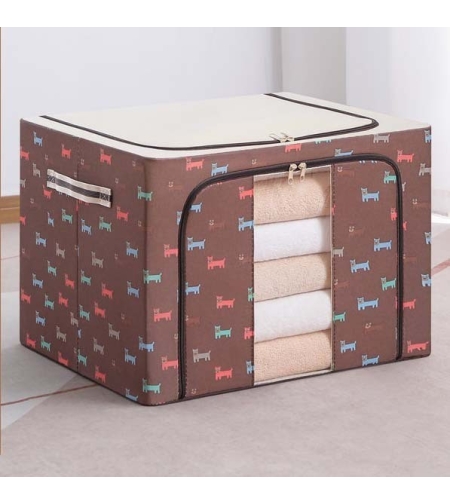 Cutie de Depozitare Pliabila, Flippy, 24 L, Panza Oxford, 40x30x20 cm, Fereastra Frontala, 2 Usi de Acces cu Fermoar Bidirectional, Cadru Metalic, Suport Baza Stabil din Plastic, Imprimeu Catelus, Maro/Bej