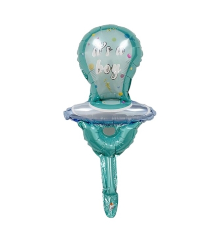 Balon din Folie Metalizata, Flippy, Mini Figurina, Model Suzeta, Tematica Gender Reveal, 23x50 cm, Ambalaj Individual, Pai Inclus, Umflare cu Aer sau Heliu, Albastru