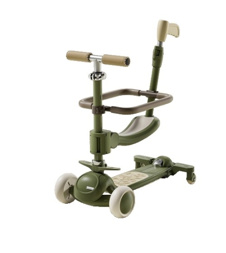 Trotineta Tip Carucior pentru Copii 7in1, Flippy, Pliabila, Ghidon Reglabil, Parti Detasabile, Lumini LED, Muzica, Suport pentru picioare, Verde