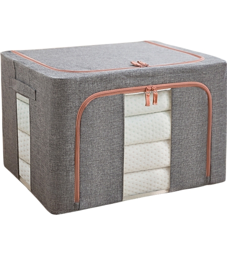 Cutie de depozitare pliabila, Flippy, Cu fermoar, 100 L, Textil, 60x42x40 cm, Cadru Metalic, Suport Baza Stabil din Plastic, Gri, Cu doua ferestre