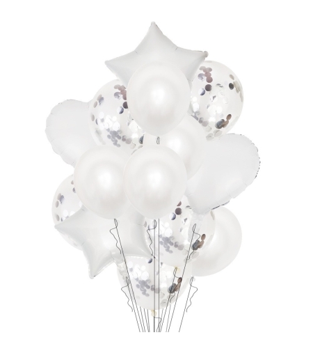 Set 14 Baloane din Folie Metalizată si din Latex, Flippy, Figurine Stea si Inima 45 cm, Baloane Latex 30 cm, Tema Buchet, Ambalaj Individual, Pai Inclus, Umflare cu Aer sau Heliu, Argintiu