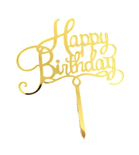 Decoratiune Topper pentru Tort, Flippy, Model Happy Birthday, Tematica Aniversare, 10 cm, Auriu