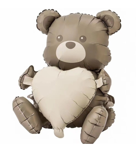 Balon din Folie Metalizata, Flippy, Figurina Animata, Model Ursulet cu Inima, 65 x 65 cm, Ambalaj Individual, Pai Inclus, Umflare cu Aer sau Heliu, Maro