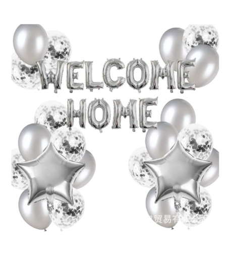 Set baloane folie si latex, Flippy, WELCOME HOME, 22 de piese, 20 baloane latex, 2 baloane stea Folie, 1 set Welcome Home, Argintiu