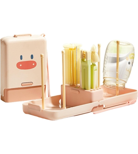 Set 7 Piese de Spalat/Uscat Biberoane, Flippy, Portabil, Peri de Silicon, pentru Tetine, Suzete, Biberoane, Paie, Cutie Inclusa, 16.8 x 12 x 5 cm, Model Porcusor, Roz