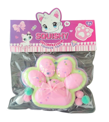 Jucarie Antistres Squishy, Flippy, cu Revenire Lenta, Model Labuta de Pisica Pufoasa, 12.5x10.5 cm, 200g, Squeeze Pinch Family, Ambalaj Transparent, Roz Curcubeu