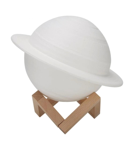 Lampa de veghe cu telecomanda in forma de Saturn 3D Saturn Light 16 culori, alimentare baterii, stand lemn inclus, 15 cm, Flippy