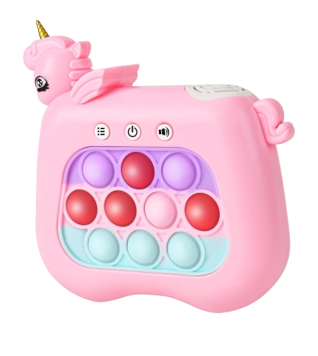 Jucarie Interactiva Pop It Whack A Mole, Flippy, Tip Consola, Anti-Stres, 4 Moduri de Joc, din ABS si Silicon, +3 Ani, Model Unicorn, Roz