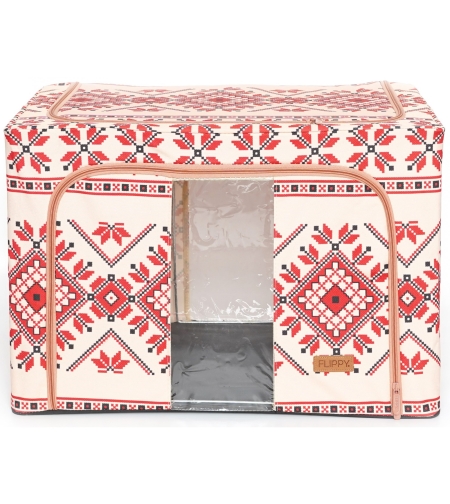 Cutie de Depozitare Pliabila, Flippy,100 L din Bumbac si In, 60X42X40 cm, Fereastra Frontala, 2 Usi de Acces cu Fermoar Bidirectional, Cadru Metalic, Suport Baza Stabil din Plastic, Motiv Traditional Model 2
