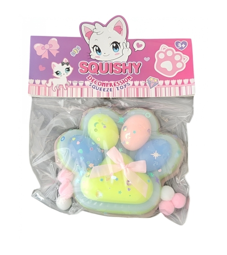 Jucarie Antistres Squishy, Flippy, cu Revenire Lenta,  Model Labuta de Pisica Pufoasa, 12.5x10.5 cm, 220g, Squeeze Pinch Family, Multicolor Albastru