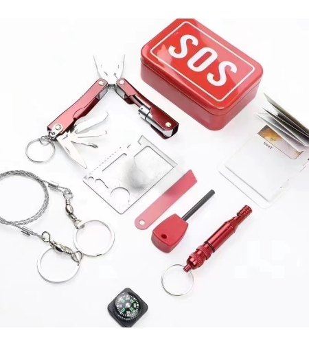 Kit supravietuire multifunctional Flippy, Instrumente profesionale, tip cutie, pentru Camping, Drumetii, Aventuri in aer liber, borseta inclusa, rosu