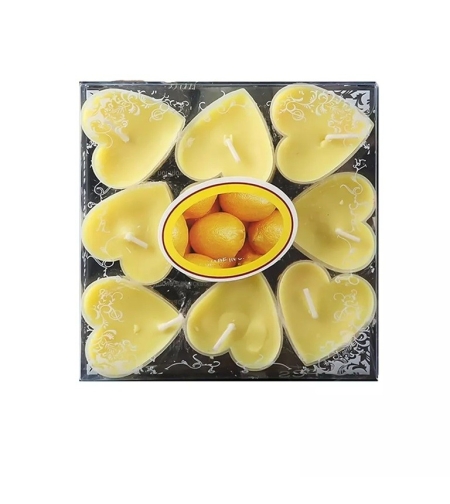 Set 9 Lumanari in Forma de Inima, Flippy, pentru Ziua Indragostitilor, Aroma de Citrice, Ardere 3.5 h, din Parafina, 4 x 2 cm, Galben