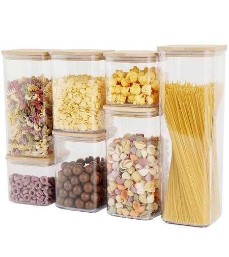 Cutii de Depozitare Alimente, Flippy, Set din 7 Cutii de tip Container, Cutii pentru Cereale, din Plastic, Capac din Bambuc, 2pc 0.5 l, 2pc 0.8 l, 2pc 1.2 l, 1pc 2.5 l, Transparente