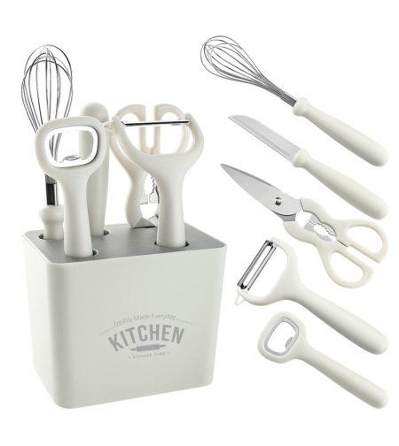 Set 6 ustensile bucatarie Flippy, cu suport inclus, desfacator, curatator legume, foarfeca, cutit, tel, ABS si inox, alb