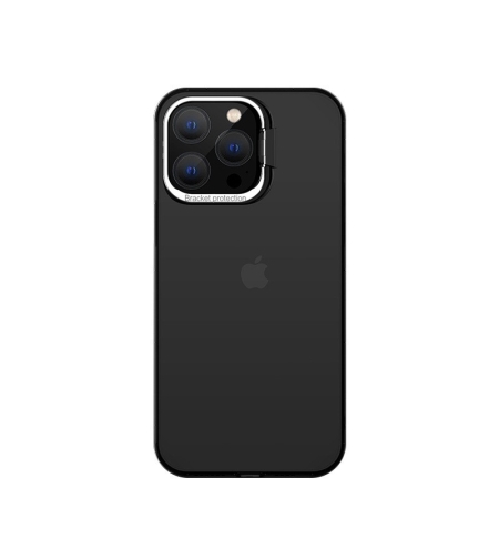 Husa de protectie pentru iPhone 14 Plus, cu suport metalic pentru camera, Bracket Series, Flippy, Protectie Antisoc, PC mat, silicon moale pe margini, Negru