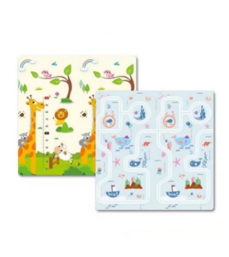 Covoras de Joaca pentru Copii Termic cu 2 Fete, Flippy, Model Girafe si Calatorie pe Mare, cu Spuma, Impermeabil, Antiderapant, 200cm x 180cm x 0.8cm