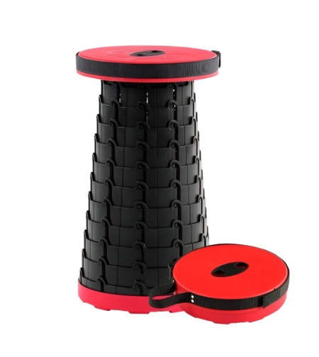 Scaun Telescopic Pliabil pentru Camping si Pescuit, Flippy, Portabil, Universal, Sustine 150 kg, ABS, Diametru 25 cm, Extensibil, Inaltime 45 cm, Rosu-Negru
