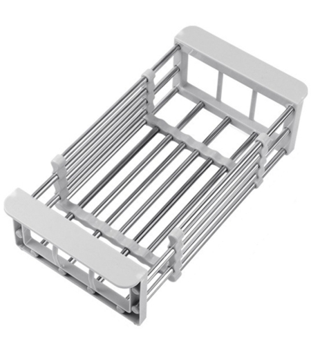 Suport Scurgere Extensibil pentru Bucatarie, Flippy, Uscator Vase din Otel Inoxidabil, Suport Tacamuri si Pahare, Suport pentru Fructe si Legume, 24.5 x 16.5 x 9.5 cm Gri deschis