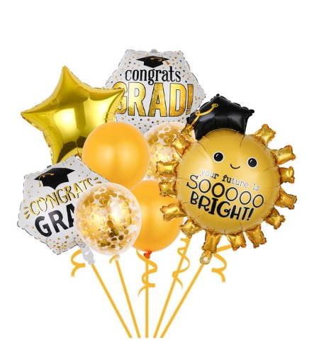 Set 8 Baloane din Folie Metalizată si din Latex, Flippy, Figurine Soare 77x67cm, Stea si Hexagon 45 cm, Baloane Latex 30 cm, Tema Absolvire, Ambalaj Individual, Pai Inclus, Umflare cu Aer sau Heliu, Multicolor