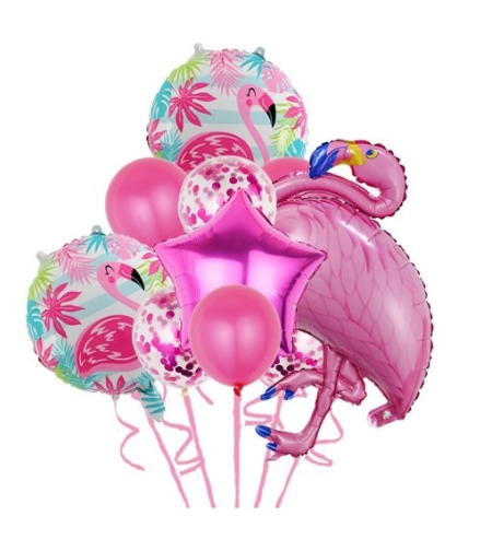 Set Baloane party aniversare, Flippy, din Folie de aluminiu si Latex, set din 10 baloane Flamigo Party, 1 stea, 5 baloane latex, 2 rotunde, 60 -90 cm, Roz