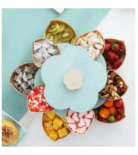 Tava pentru Servire, Flippy, pentru Fructe / Legume / Snackuri, cu Sertare, Deschidere Rotativa, pe 2 Straturi, in Forma de Floare, 26 x 26 x 11.5 cm Albastru