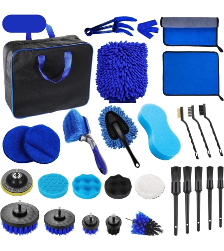 Set 29 Accesorii pentru Curatare Auto, Flippy, din PP si Microfibra, Interior/Exterior, 30 x 24 x 12 cm, Albastru/Negru