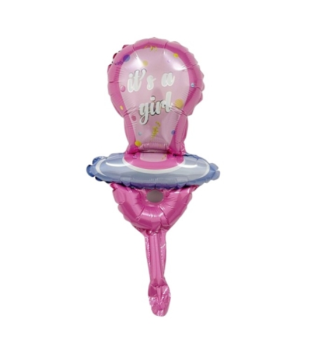 Balon din Folie Metalizata, Flippy, Mini Figurina, Model Suzeta, Tematica Gender Reveal, 23x50 cm, Ambalaj Individual, Pai Inclus, Umflare cu Aer sau Heliu, Roz