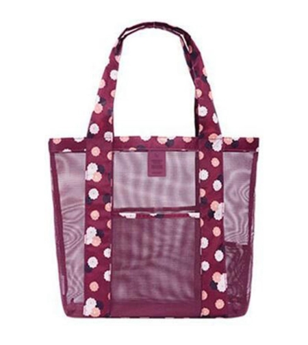 Geanta de Plaja, Flippy, din Plasa Transparenta, Imprimeu Floral, 43 x 10 x 33 cm, Model pentru Umar, Lungime Inferioara 33 cm, Burgundy