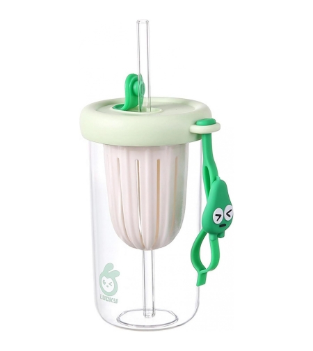 Pahar din silicon, cu capac si pai, pentru copii, Flippy, anti-cadere, compartiment pentru fructe/ceai/gheata, rezistent la temperaturi inalte, 500ml, Verde, 14.5x8.8x20 cm