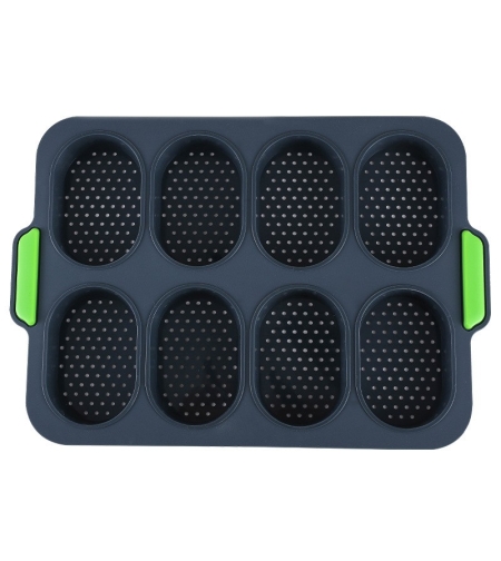 Forme de Silicon pentru Copt, Flippy, 8 Forme Ovale, pentru Paine si Prajituri, 34.5 x 23.8 x 2.5 cm, Negru/Verde