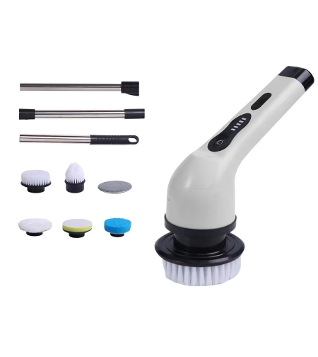 Perie Electrica de Curatare, Flippy, pentru Gresie, Baie, Bucatarie, 25x20x9.5 cm, cu 6 Capete, Maner Extensibil Detasabil 84-127cm, Incarcare USB-Type C, Rotire 360 de Grade, 3000 mAh, Culoare: Alb