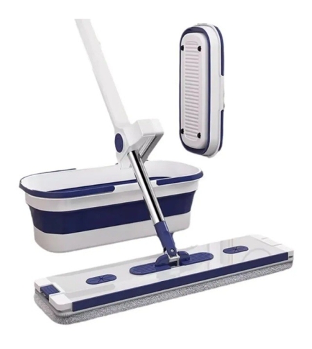 Mop Plat, Flippy, cu Galeata Pliabila, 2 Rezerve din Microfibra, 127 cm Tija Telescopica, Utilizare Umeda/Uscata, Recipient Lichid, Albastru