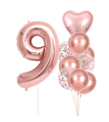 Set 10 Baloane Folie si Latex, Flippy, Tematica Aniversare, Baloane Latex 25cm, Figurina Inimioara 45 cm, Cifra 9 de 81 cm, Ambalaj Individual, Pai Inclus, Umflare cu Aer sau Heliu, Roz Pal