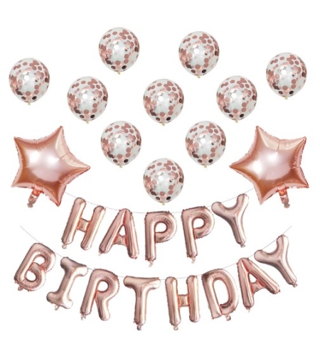 Set 12 Baloane si 1, Set pentru Aniversare, mesaj Happy Birthday, din folie de aluminiu, 30 -45 cm, Cu paiete, latex si folie, Rose Gold