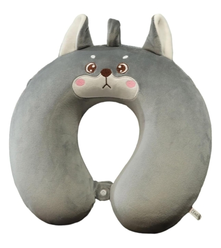 Perna de Calatorie in Forma de U, Flippy, Pentru Gat si Cap, Umplutura din Spuma cu Memorie, 30x30 cm, Model Husky, Accesoriu de Voiaj, Birou, Masina, Sistem Prindere Capse, Gri